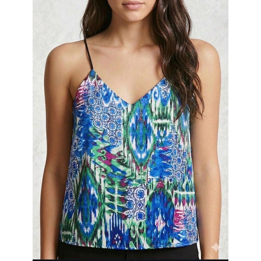 Forever 21 Blue, Green & Pink Printed Spaghetti Strap Top
